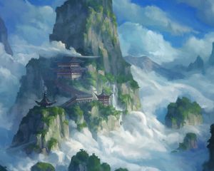 Превью обои пагода, храм, скалы, туман, арт