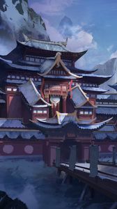 Превью обои пагода, храм, снег, зима, арт