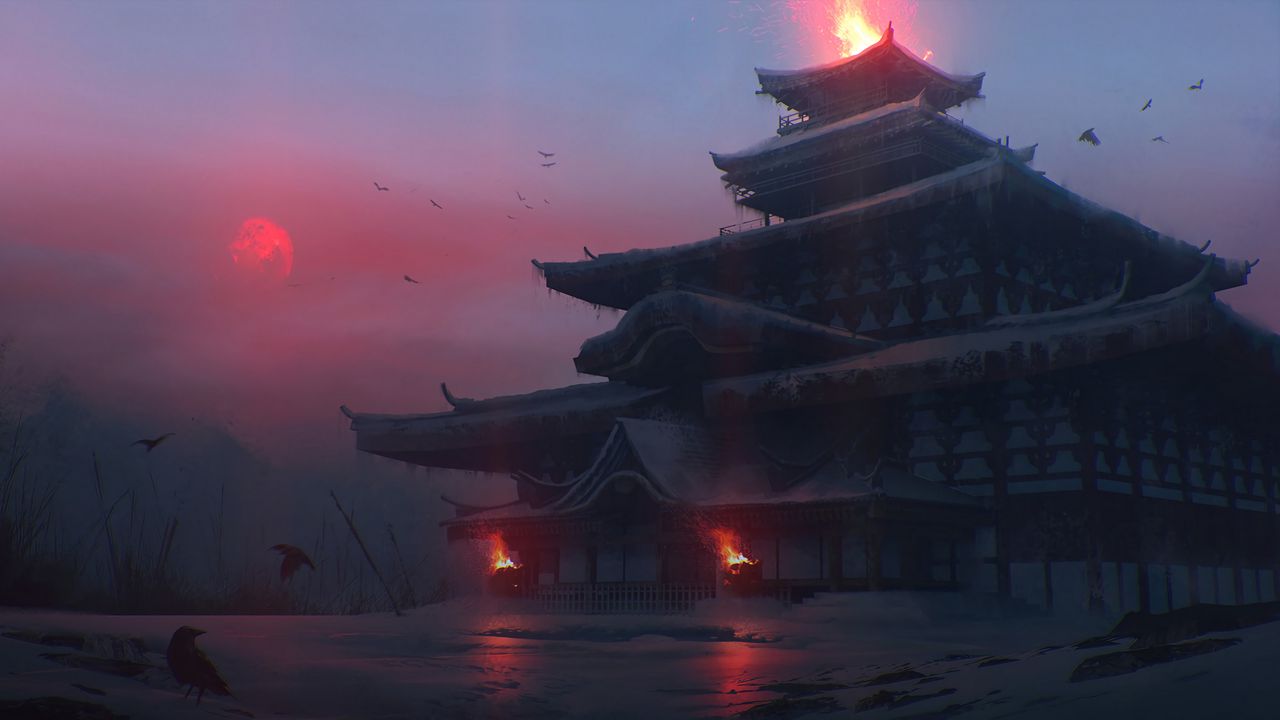 Обои пагода, храм, замок, японский храм, фэнтези, арт