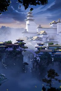 Превью обои пагода, храм, замок, туман, арт