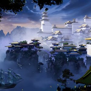 Превью обои пагода, храм, замок, туман, арт