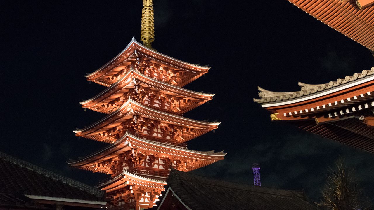Обои пагода, крыша, архитектура, ночь