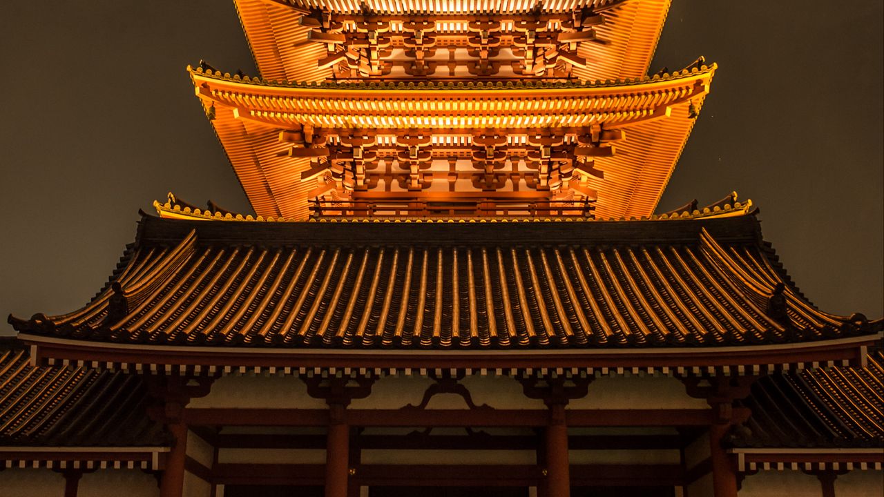 Обои пагода, крыша, свечение, япония