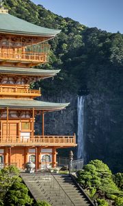 Превью обои пагода, лестница, архитектура, водопад