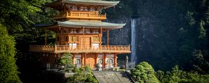 Превью обои пагода, лестница, архитектура, водопад