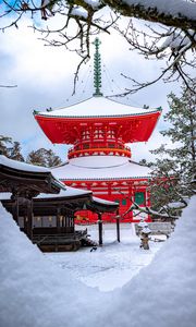 Превью обои пагода, здание, архитектура, красный, снег, зима