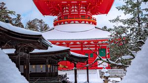 Превью обои пагода, здание, архитектура, красный, снег, зима