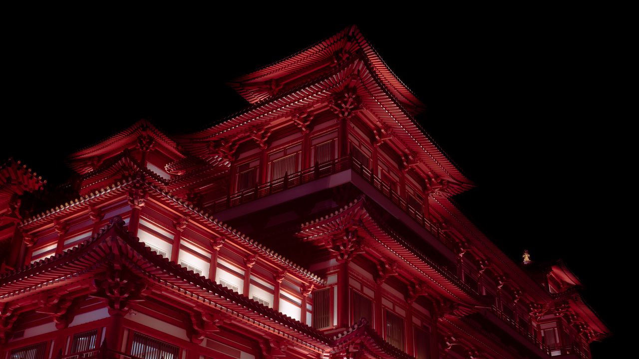 Обои пагода, здание, архитектура, ночь, красный