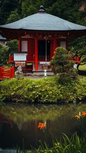 Превью обои пагода, здание, пруд, трава, япония, пейзаж