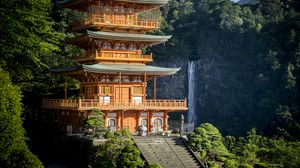 Превью обои пагода, здание, водопад, япония, архитектура