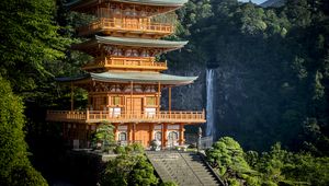 Превью обои пагода, здание, водопад, япония, архитектура
