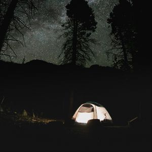 Превью обои палатка, деревья, силуэты, ночь, темный