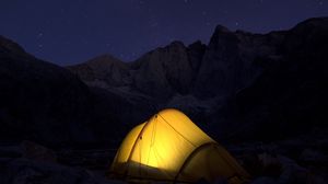 Превью обои палатка, горы, ночь, кемпинг, темный