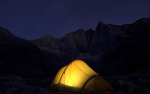 Превью обои палатка, горы, ночь, кемпинг, темный