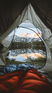 Превью обои палатка, горы, озеро, вид, природа