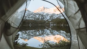 Превью обои палатка, горы, озеро, вид, природа