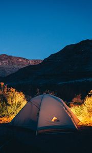 Превью обои палатка, кемпинг, горы, закат