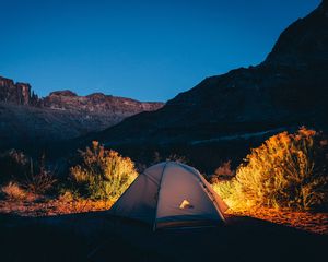Превью обои палатка, кемпинг, горы, закат