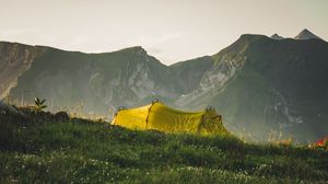 Превью обои палатка, кемпинг, горы, трава, природа
