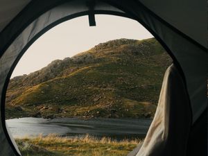 Превью обои палатка, кемпинг, горы, природа, река