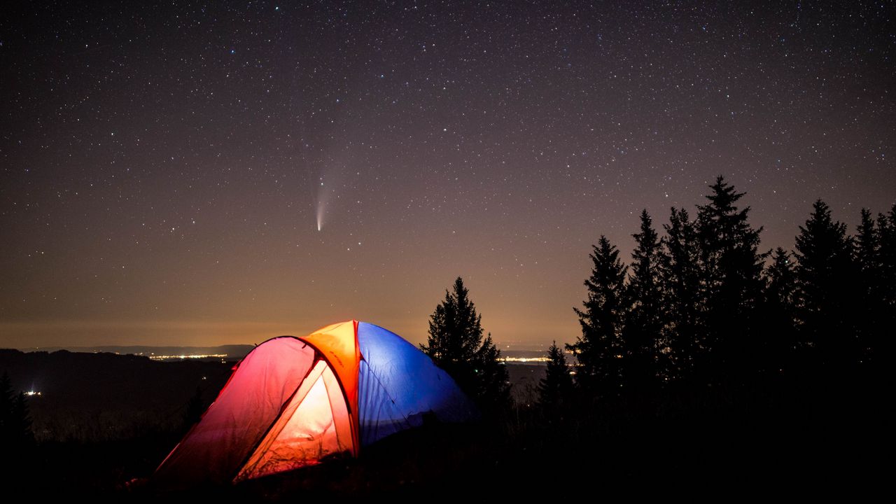 Обои палатка, кемпинг, горы, природа, ночь, звездное небо