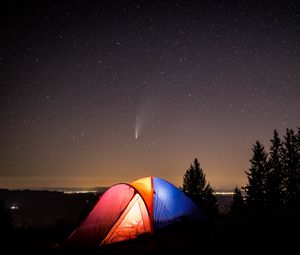 Превью обои палатка, кемпинг, горы, природа, ночь, звездное небо