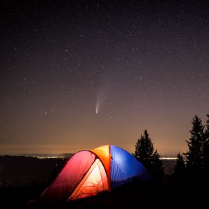 Превью обои палатка, кемпинг, горы, природа, ночь, звездное небо