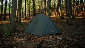 Превью обои палатка, кемпинг, лес, деревья