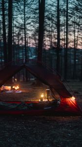 Превью обои палатка, кемпинг, лес, природа
