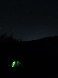 Превью обои палатка, кемпинг, ночь, звездное небо, темнота