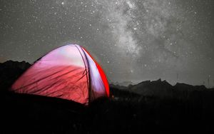 Превью обои палатка, кемпинг, ночь, звезды, звездное небо