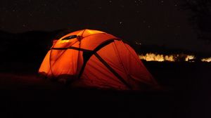 Превью обои палатка, кемпинг, ночь, звездное небо, звезды