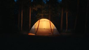 Превью обои палатка, кемпинг, ночь, лес, темный