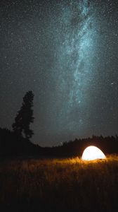 Превью обои палатка, кемпинг, ночь, природа, звездное небо, темный