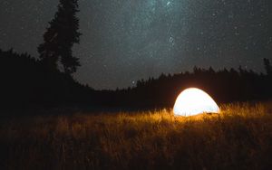 Превью обои палатка, кемпинг, ночь, природа, звездное небо, темный