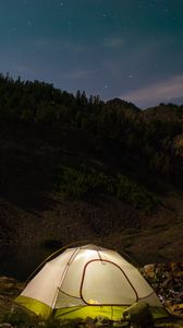 Превью обои палатка, кемпинг, природа, горы, озеро, вечер