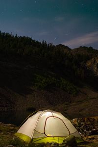 Превью обои палатка, кемпинг, природа, горы, озеро, вечер