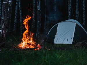 Превью обои палатка, кемпинг, туризм, костер, пламя