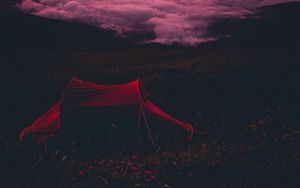 Превью обои палатка, кемпинг, закат, облака, красиво