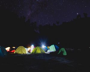 Превью обои палатка, кемпинг, звездное небо, палатки, ночь