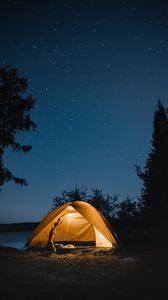 Превью обои палатка, ночь, кемпинг, звездное небо, путешествие