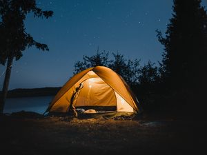 Превью обои палатка, ночь, кемпинг, звездное небо, путешествие