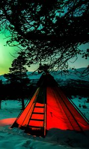 Превью обои палатка, ночь, северное сияние, зима, кемпинг