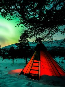 Превью обои палатка, ночь, северное сияние, зима, кемпинг