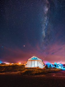 Превью обои палатка, ночь, звездное небо, кемпинг