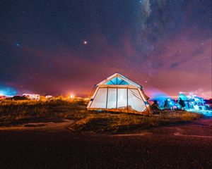 Превью обои палатка, ночь, звездное небо, кемпинг