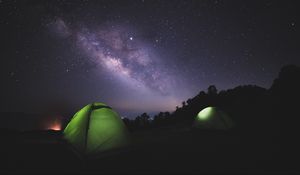 Превью обои палатка, ночь, звездное небо, темный