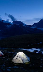 Превью обои палатка, сумерки, горы, природа