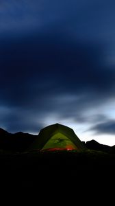 Превью обои палатка, темный, кемпинг, горы, ночь