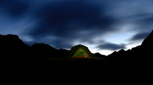 Превью обои палатка, темный, кемпинг, горы, ночь